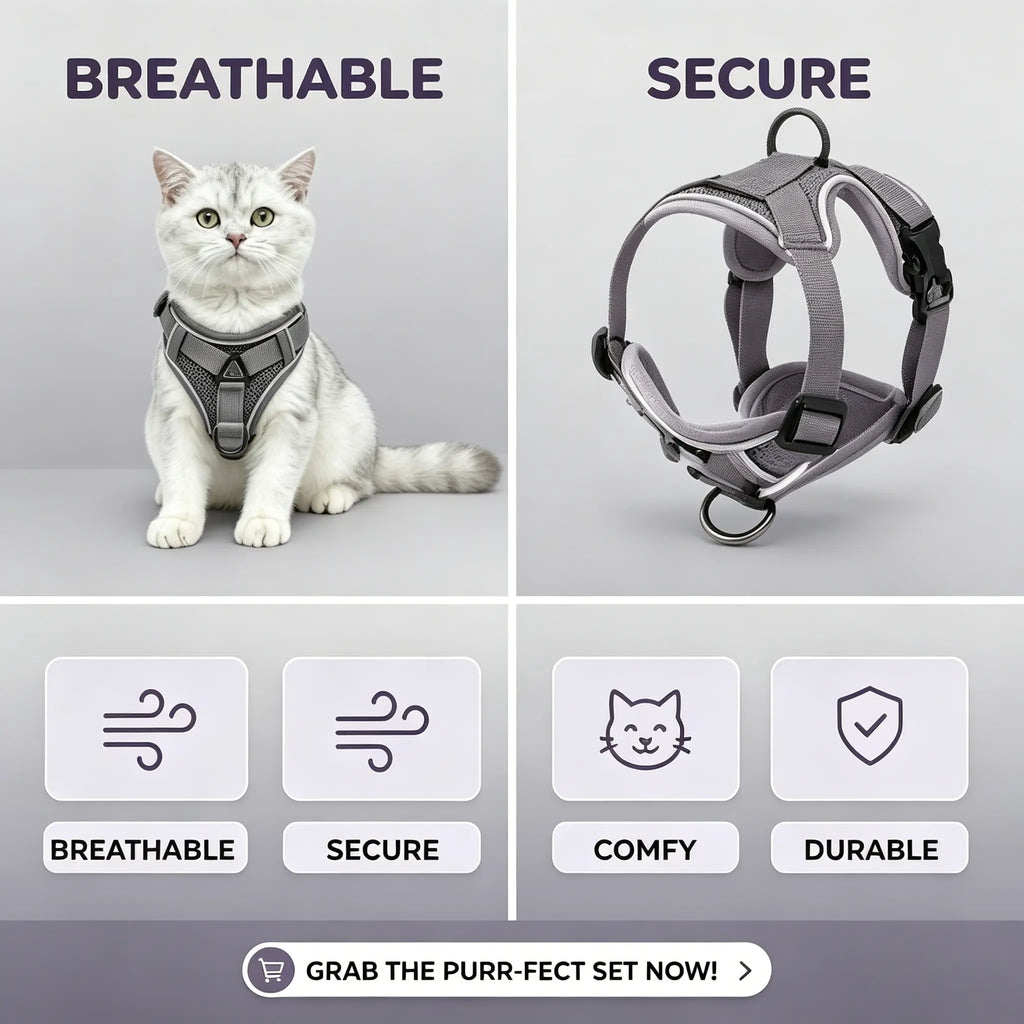 Escape-Proof Cat Harness and Leash Set; Adjustable Size. Cat Leash and Collar Made from Comfortable, Breathable Materials with Adjustable Sizing. Reflective Strip, Soft Mesh Vest, Convenient for Safe Leash Walking. Includes a Summer Version; Breathable An