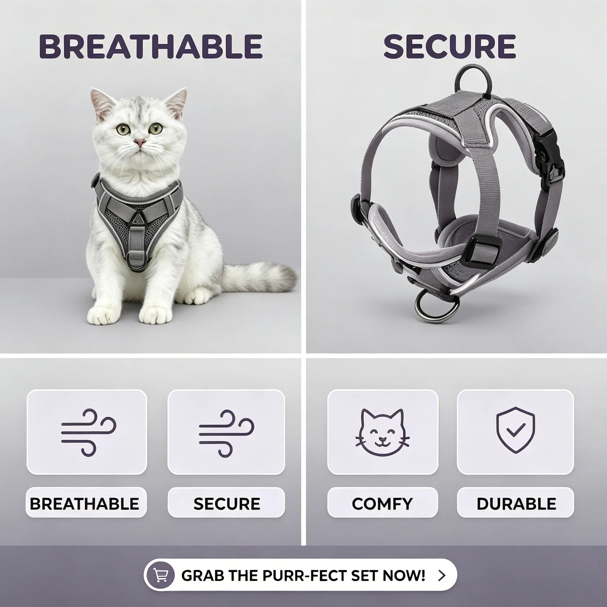 Escape-Proof Cat Harness and Leash Set; Adjustable Size. Cat Leash and Collar Made from Comfortable, Breathable Materials with Adjustable Sizing. Reflective Strip, Soft Mesh Vest, Convenient for Safe Leash Walking. Includes a Summer Version; Breathable An