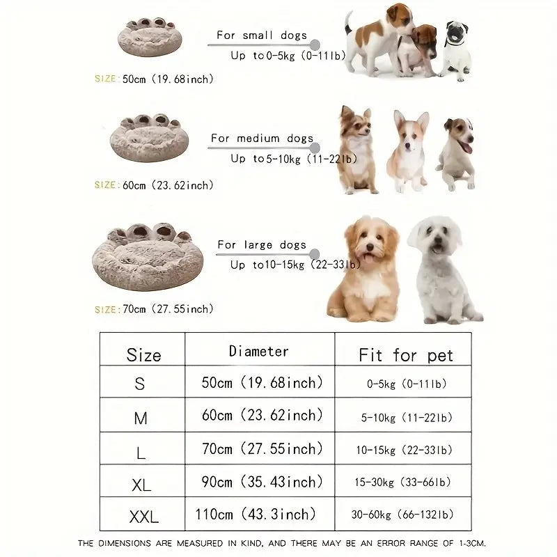 Plush Calming Pet Bed, Paw-Shaped round Faux Fur, Anti-Slip, Washable, for Dogs & Cats, Small/Medium