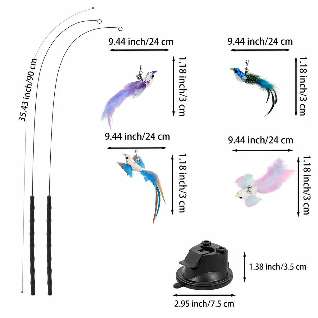 Interactive Cat Toy - 2-In-1 with Super Strong Suction Base, 2 Teaser Poles, Dual-Mode Hands-Free Wand, 4 Pcs Colorful Feather Birds for Solo Play & Hunting Fun, Interactive Toy