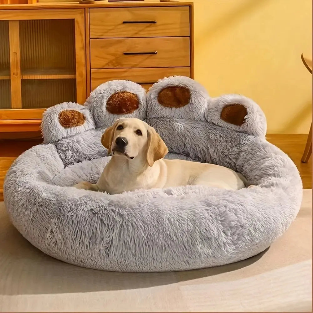 Plush Calming Pet Bed, Paw-Shaped round Faux Fur, Anti-Slip, Washable, for Dogs & Cats, Small/Medium