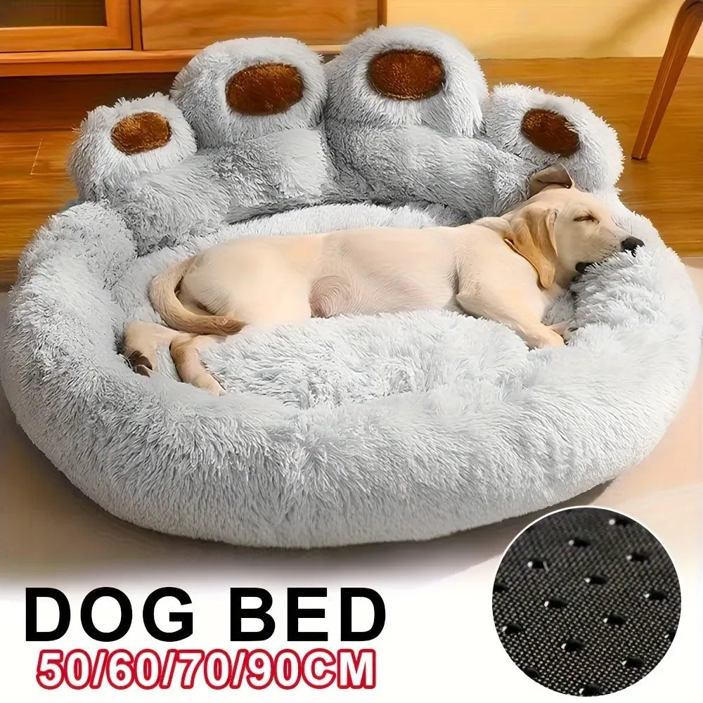 Plush Calming Pet Bed, Paw-Shaped round Faux Fur, Anti-Slip, Washable, for Dogs & Cats, Small/Medium