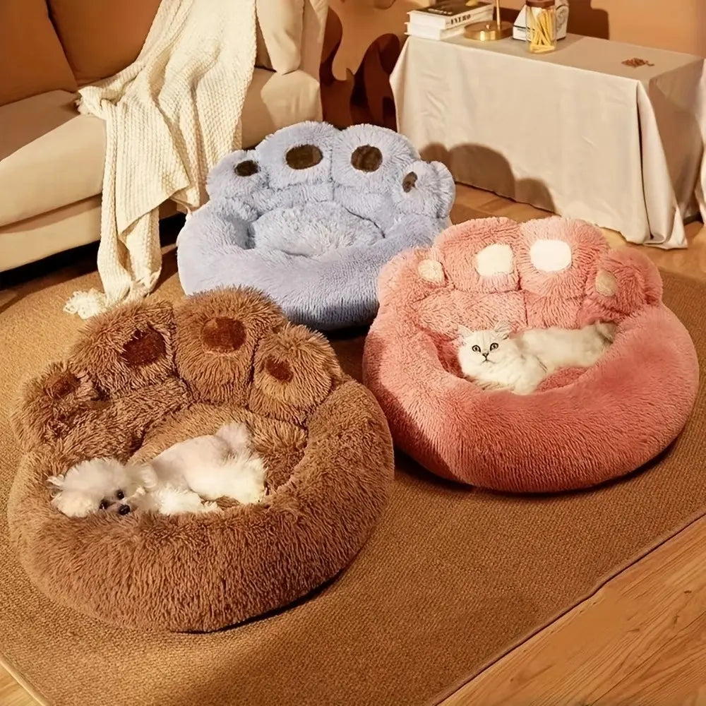 Plush Calming Pet Bed, Paw-Shaped round Faux Fur, Anti-Slip, Washable, for Dogs & Cats, Small/Medium
