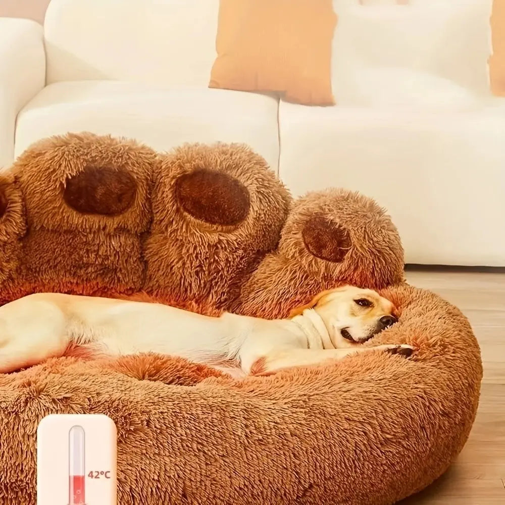 Plush Calming Pet Bed, Paw-Shaped round Faux Fur, Anti-Slip, Washable, for Dogs & Cats, Small/Medium