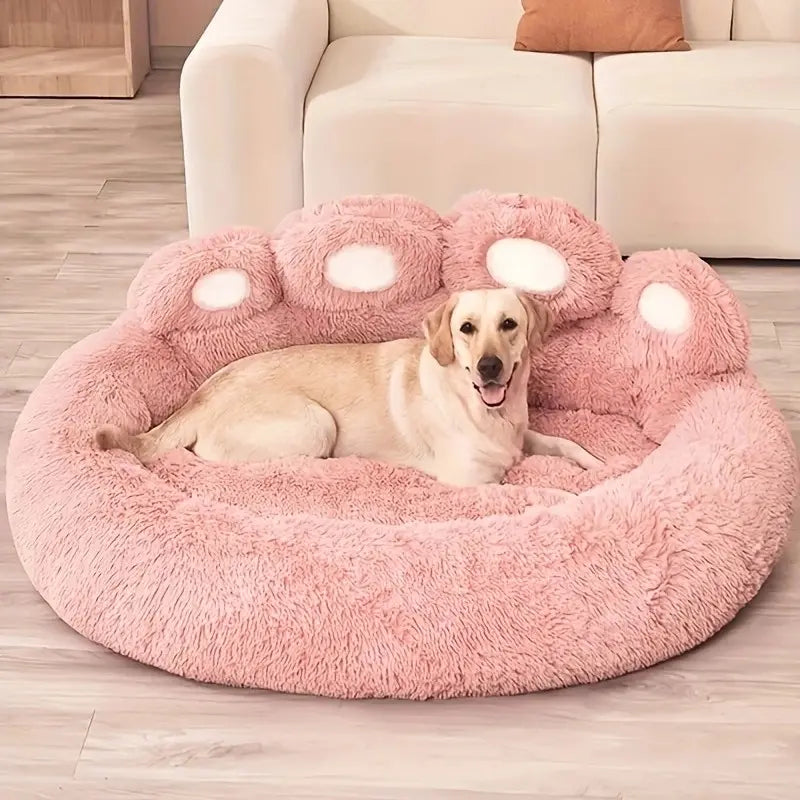 Plush Calming Pet Bed, Paw-Shaped round Faux Fur, Anti-Slip, Washable, for Dogs & Cats, Small/Medium
