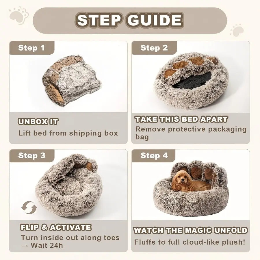 Plush Calming Pet Bed, Paw-Shaped round Faux Fur, Anti-Slip, Washable, for Dogs & Cats, Small/Medium