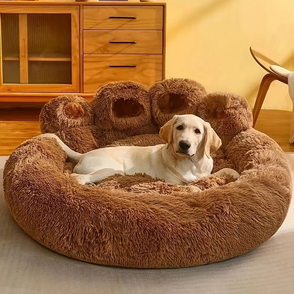 Plush Calming Pet Bed, Paw-Shaped round Faux Fur, Anti-Slip, Washable, for Dogs & Cats, Small/Medium